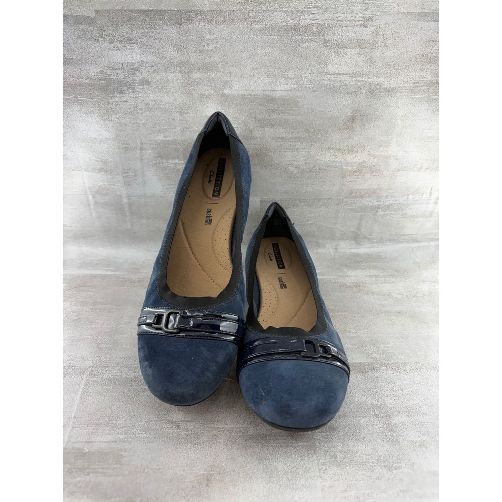 Clarks Collection Navy Blue Suede Patent Buckle Ballet Flats Women Sz 9.5 M
